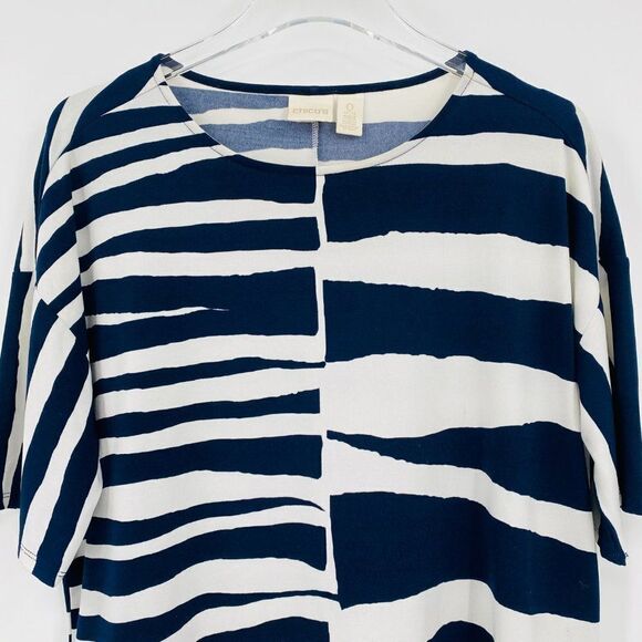 Chico's Size 0 Small Navy & White Striped Fringed Boxy Short Sleeve Blouse Top - Picture 2 of 9